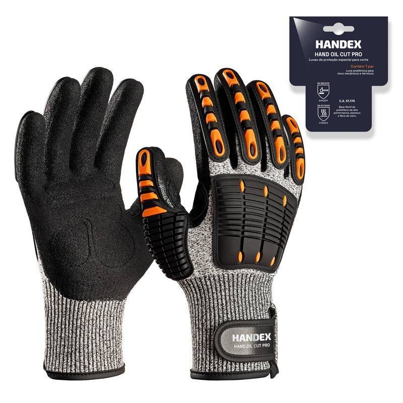 LUVA HANDEX HAND OIL CUT PRO PRETA COM CINZA E LARANJA CA: 51.174 - PAR ENCARTELADO